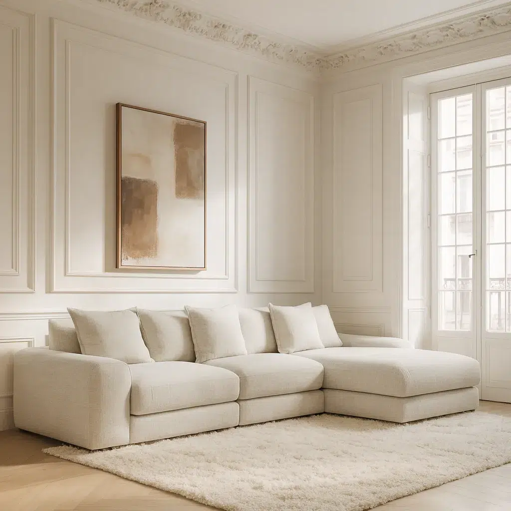 كنب زاوية يمين بلس – كريمي، تصميم عصري، يوفر جلسة مريحة وأنيقة.